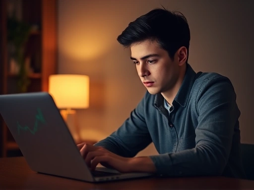 젊은 투자자가 노트북 앞에서 차분하게 주식 차트를 분석하는 모습