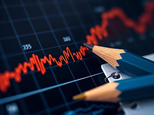 시간이 지남에 따라 점진적으로 우상향하는 주식 차트와 그 옆에 놓인 연필, 노트.