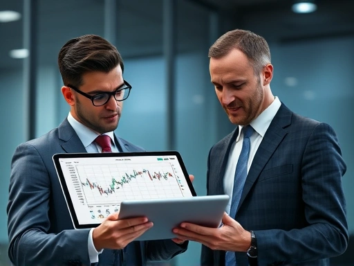 정장 차림의 남성 PB가 고객에게 태블릿으로 복잡한 금융 상품 차트를 설명하는 장면