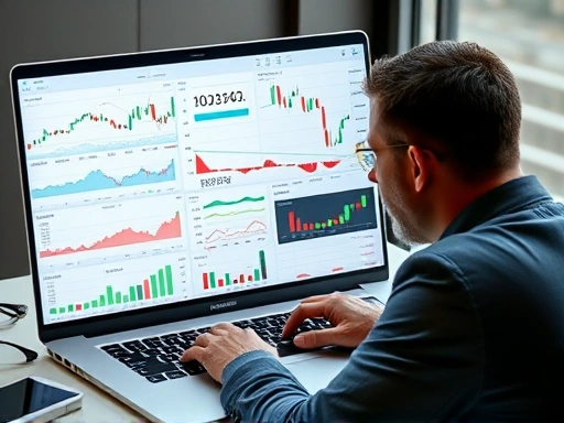 다수의 금융 차트와 분석 도구가 펼쳐진 노트북 화면을 배경으로, 한 투자자가 진지하게 데이터를 분석하는 모습
