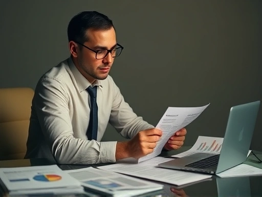 한 투자자가 차분하게 노트북으로 기업 재무제표를 분석하고 있는 모습