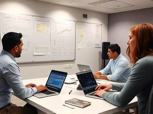 화이트보드에 그래프와 메모가 가득하고, 각자의 노트북으로 데이터를 분석하며 집중하는 투자 클럽 회원들의 모습