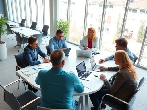 회의실 테이블에 모여 앉은 여러 명의 사람들이 노트북과 종이 서류를 보며 활발하게 토론하는 모습
