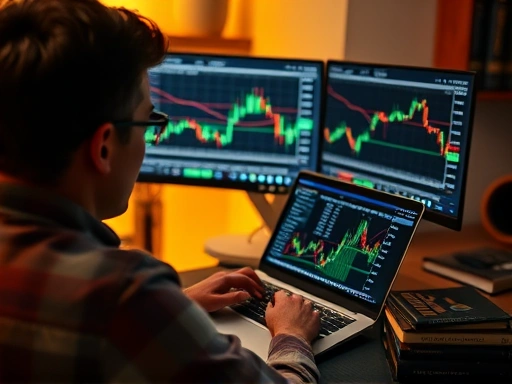 조용하고 아늑한 방 안에서 한 개인이 노트북과 보조 모니터를 통해 주식 차트를 분석하고 있는 클로즈업 장면