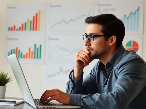 다양한 투자 상품과 차트, 그래프가 배경에 펼쳐진 가운데 한 사람이 신중하게 노트북 화면을 들여다보고 있는 모습