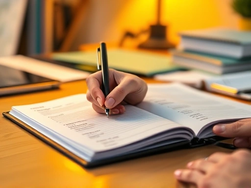 정돈된 책상 위에서 투자 일지를 작성하고 있는 손의 클로즈업.
