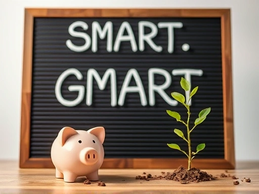 SMART' 글자가 선명하게 새겨진 목표 보드판, 그 앞에 놓인 작은 저금통과 성장하는 나무, 클로즈업된 디테일과 부드러운 조명으로 성장의 기대감을 강조