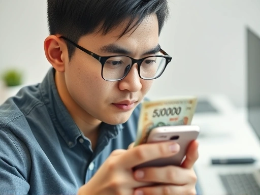 손에 5만원 지폐를 들고 스마트폰 주식 앱을 들여다보는 초보 투자자의 클로즈업.