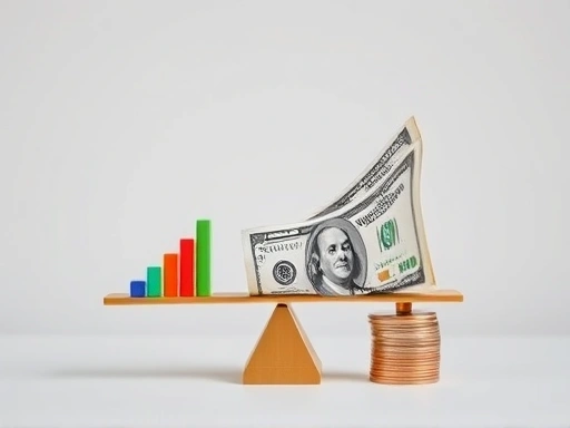 여러 개의 작은 코인과 돈뭉치 대신 5만원권 지폐 한 장이 놓여 있는 저울 한 쪽과 그 반대편에 성장 그래프가 그려진 작은 주식 차트가 균형을 이루는 모습