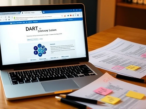 노트북 화면에 DART 전자공시시스템 웹페이지가 선명하게 보이고, 그 옆에는 손으로 직접 중요하다고 표시된 공시 문서들이 펼쳐져 있는 클로즈업.