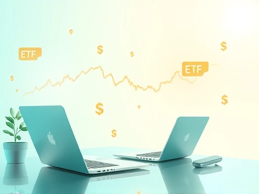 미래의 투자자가 소액의 자산을 노트북과 스마트폰으로 관리하며, 차트와 ETF 심볼이 떠다니는 밝고 희망찬 분위기