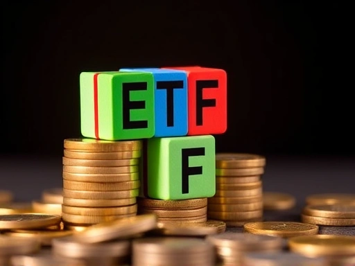 작은 동전들이 쌓여 ETF 포트폴리오를 상징하는 다양한 색상의 블록들로 변하는 모습