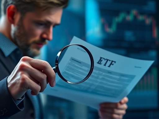 투자자가 돋보기를 들고 ETF 관련 서류를 꼼꼼히 들여다보고 있는 모습