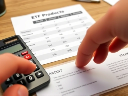 여러 ETF 상품의 정보가 담긴 비교표와 계산기가 놓여 있는 책상 위 풍경.