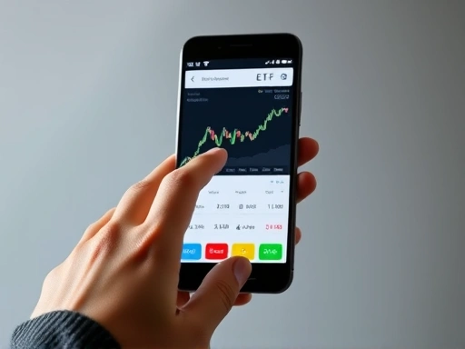 두 개의 손이 스마트폰 화면을 통해 ETF 거래 인터페이스를 조작하는 클로즈업 샷.