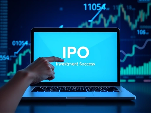 주식 시장 차트와 성장하는 화살표를 배경으로, 손가락으로 가리키는 노트북 화면에 'IPO'라고 명확히 표시된 인터페이스가 보입니다.