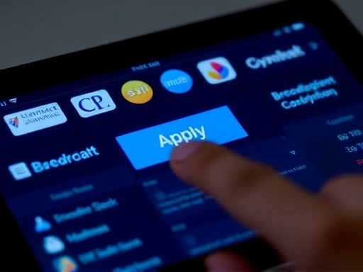 태블릿 화면을 클로즈업하여, 다양한 증권사 로고와 함께 공모주 청약 진행 상황을 보여주는 복잡한 주식 앱 인터페이스가 상세하게 표현되어 있습니다.