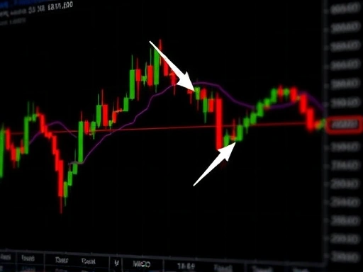 MACD 지표의 다이버전스 현상을 보여주는 주식 차트 이미지
