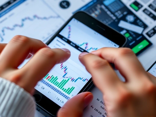 스마트폰 화면에 다양한 주식 차트와 기술적 분석 지표들이 복잡하게 펼쳐져 있으며, 한 손은 그래프를 확대하여 자세히 보고 다른 손은 다른 차트의 지표를 변경하고 있는 모습