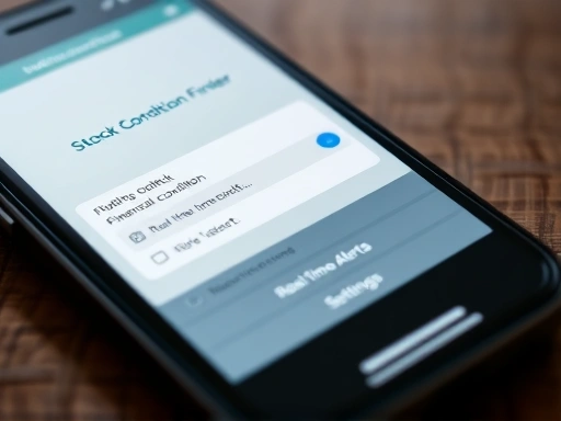 스마트폰 화면에 종목 조건 검색기와 알림 설정 창이 열려 있는 클로즈업 샷.