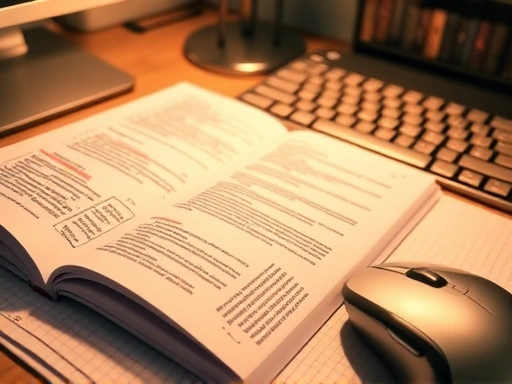 Close-up of an open research report with sections highlighted and notes scribbled, alongside a keyboard and mouse, suggesting active study and digital analysis.