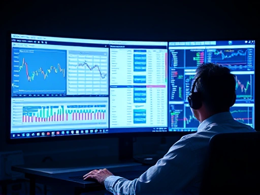 넓은 모니터 앞에 앉아 HTS 프로그램을 실행하고 있는 투자자의 모습