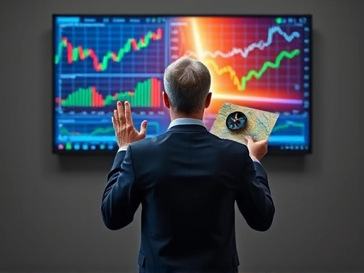 주식 차트가 보이는 모니터 앞에서, 나침반과 지도를 들고 서 있는 사람의 뒷모습