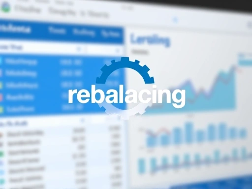 실제 증권사 HTS/MTS 화면의 주요 메뉴와 차트가 간략하게 배경으로 흐릿하게 보이며, 그 위에 톱니바퀴 아이콘과 함께 '리밸런싱'이라는 글자가 강조되어 있습니다.