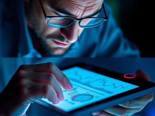 손으로 복잡한 그래프와 도표가 그려진 태블릿을 분석하는 투자자의 클로즈업, 분석적인 시선과 진지한 표정으로 신중한 의사결정의 중요성을 강조하며, 차가운 푸른색 조명으로 이성적이고 전문적인 분위기