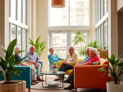 따뜻한 햇살이 드는 현대적인 실버타운의 로비에서, 활기찬 노년층이 서로 대화하고 미소 짓고 있다.