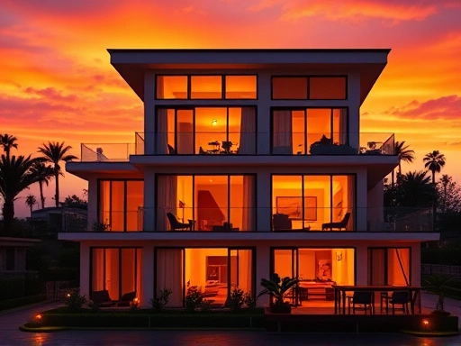 해 질 녘 아름다운 해변가에 위치한 현대적인 펜션의 전경, 따뜻한 주황색과 보라색의 노을이 펜션 건물에 비쳐 아늑하고 고급스러운 분위기