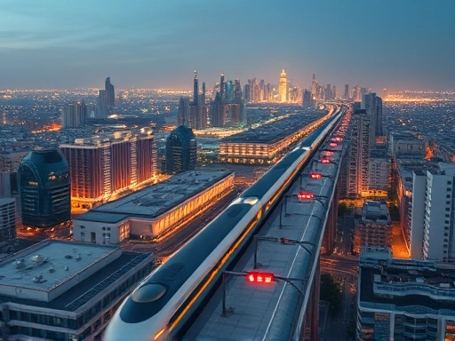 넓은 도시 전경 위로 고속철도 노선이 시원하게 뻗어 나가는 모습