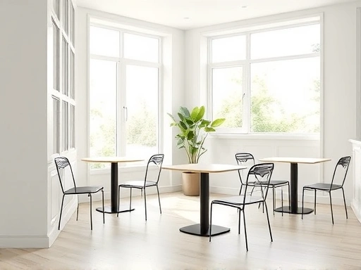 A bright, minimalist modern cafe interior with large windows showcasing natural light.