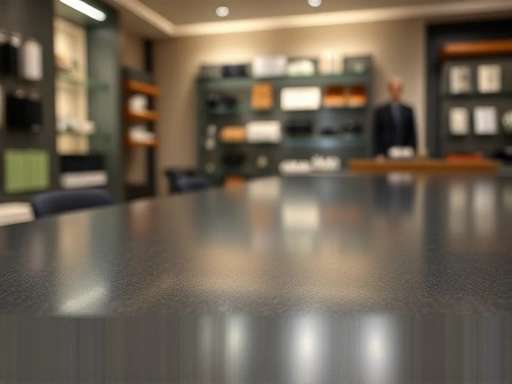 A close-up of a sleek, dark grey polished concrete countertop in a modern retail space.