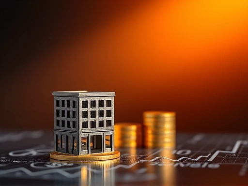 상승하는 그래프와 함께 놓인 건물 모형 또는 코인 이미지