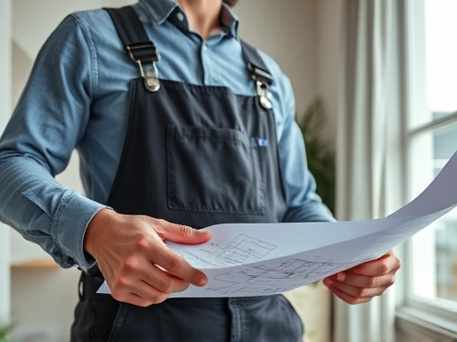 작업복을 입은 전문가가 리모델링 중인 아파트 내부에서 건축 도면을 들고 설명하고 있는 클로즈업 이미지