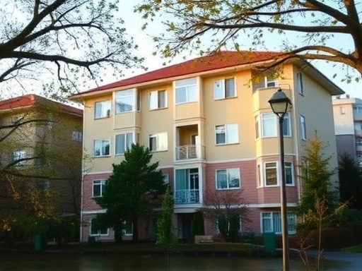 도시 외곽에 위치한 깨끗하고 잘 관리된 현대식 다가구주택의 전경, 따뜻한 햇살이 비치는 아침 시간에 건물 주변의 나무들과 조화를 이루며 안정적이고 평화로운 분위기