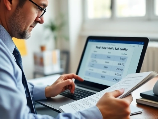 40대 직장인이 사무실에서 노트북과 서류를 보며 부동산 관련 자료를 꼼꼼히 검토하는 모습