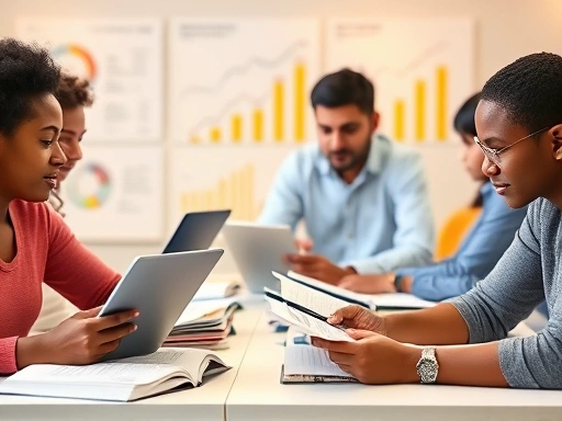 다양한 인종과 연령대의 사람들이 각자의 책상에서 부동산 관련 서적, 노트북, 태블릿을 펼쳐놓고 몰입하여 공부하고 있다.