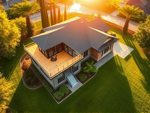 넓게 펼쳐진 단독주택의 위로 현대적인 디자인의 새로운 층이 증축되고 있는 조감도.