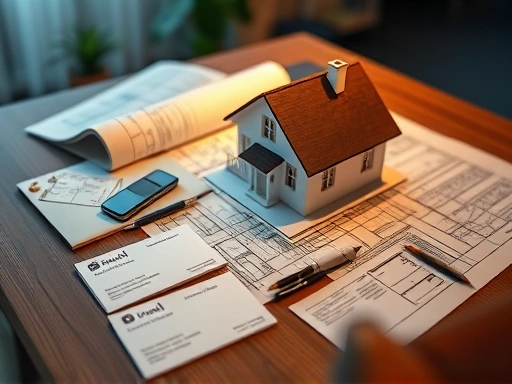 건축 설계도면과 그 위에 올려진 작은 모형 주택, 그리고 탁자 위에는 건축법규 책자와 건축사, 시공사 명함들이 놓여 있는 클로즈업 샷.