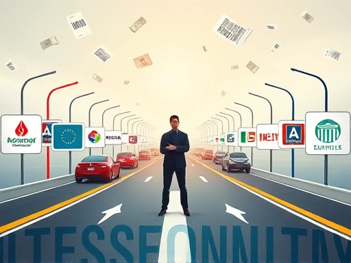 여러 금융 기관의 로고와 화살표가 그려진 복잡한 길에서 한 인물이 갈림길에 서서 신중하게 선택하는 모습