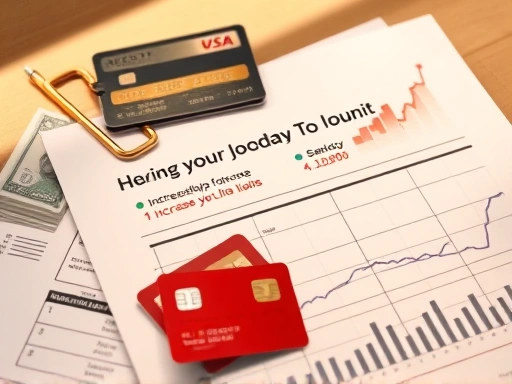 성공적인 대출 한도 증액을 위한 전문가의 노하우가 담긴 가이드북이 펼쳐져 있고, 그 위에 신용카드, 지폐, 그래프 등이 놓여져 있습니다.