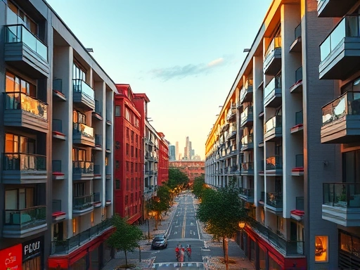 대학 캠퍼스 주변의 활기찬 거리 풍경과 현대적인 원룸 건물이 어우러져 있는 모습