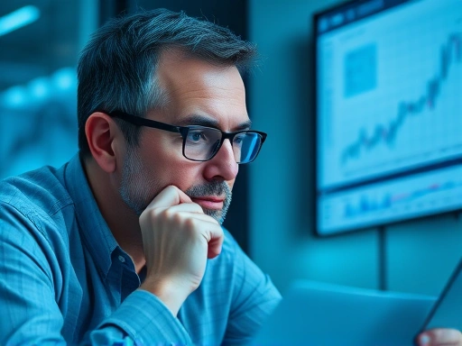 투자자가 데이터와 차트를 분석하며 심사숙고하는 모습