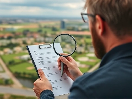 넓은 부동산 시장 풍경을 배경으로 한 손에 체크리스트와 돋보기를 들고 신중하게 시장을 분석하는 사람의 모습