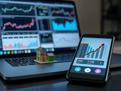 기술적이고 분석적인 분위기, 노트북 화면에 다양한 그래프와 차트가 펼쳐져 있다.