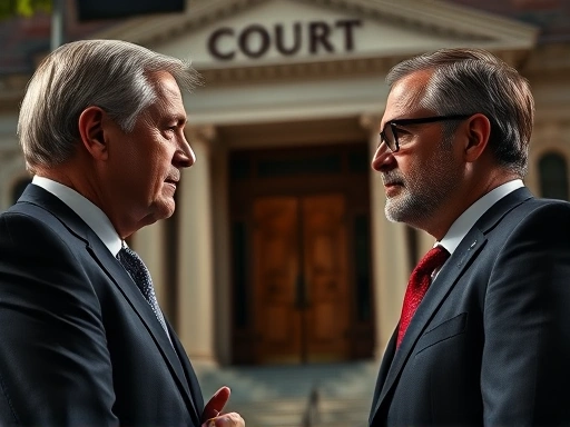 법원 건물 앞에서 변호사와 임대인이 진지하게 대화하는 모습
