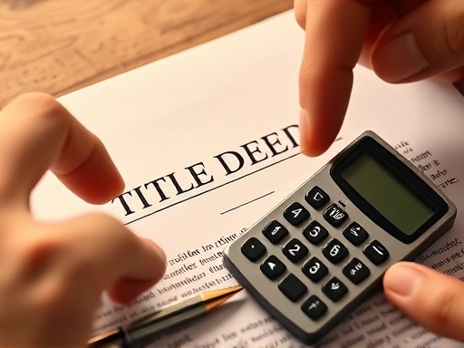 미국 부동산 소유권 증서(deed)와 펜, 그리고 그 옆에 작은 세금 계산기가 클로즈업된 이미지