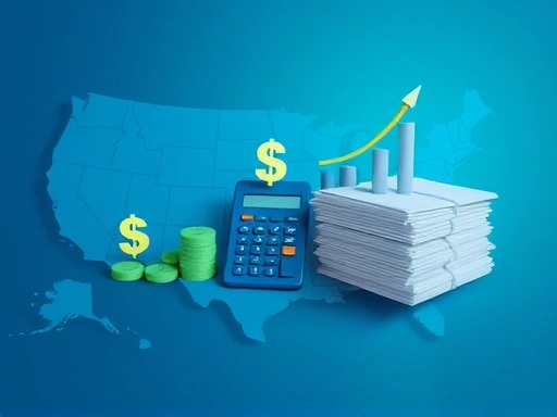 미국 지도가 배경에 희미하게 보이고, 그 위에 다양한 세금 관련 아이콘(달러 기호, 세금 계산기, 서류 더미)들이 깔끔하게 배치된 시각적인 이미지
